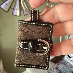 Coach Brown Fabric & Dark Brown Leather Mini Key Holder with Buckle